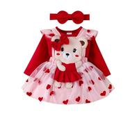 Lerrita Bébé fille 3 Pcs Valentine Princess Outfit Robe manches longues + coeur Straps Jupe + bandeau Set bébé Valentine vêtements Set ma première tenue de la Saint-Valentin
