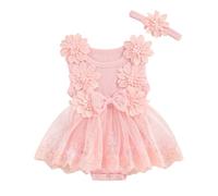 Lerrita Bébé Fille Robe Barboteuse Dentelle 2 Pièces Tenue D'été Princesse Manches Courtes Fleurs Ruchées Body Dentelle Tutu Princesse Robe Tulle + Bandeau Fleuri Barboteuse Body Robe Tulle