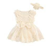 Lerrita Bébé Fille Robe Barboteuse Dentelle 2 Pièces Tenue D'été Princesse Manches Courtes Fleurs Ruchées Body Dentelle Tutu Princesse Robe Tulle + Bandeau Fleuri Barboteuse Body Robe Tulle