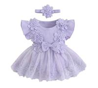 Lerrita Bébé Fille Robe Barboteuse Dentelle 2 Pièces Tenue D'été Princesse Manches Courtes Fleurs Ruchées Body Dentelle Tutu Princesse Robe Tulle + Bandeau Fleuri Barboteuse Body Robe Tulle