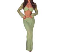 Lerrita Femme Bikini Cover Ups Crochet Jupe en tricot 2 pièces Crochet Jupe Set Sexy Manches longues Unicolore Hollow Out Tie-Up Crop Top+Wappend Jupe Vêtements de plage Y2K Bodycon Streetwear