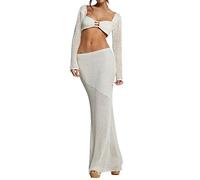 Lerrita Femme Bikini Cover Ups Crochet Jupe en tricot 2 pièces Crochet Jupe Set Sexy Manches longues Unicolore Hollow Out Tie-Up Crop Top+Wappend Jupe Vêtements de plage Y2K Bodycon Streetwear