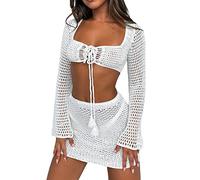 Lerrita Femme Bikini Cover Ups Crochet Jupe en tricot 2 pièces Crochet Jupe Set Sexy Manches longues Unicolore Hollow Out Tie-Up Crop Top+Wappend Jupe Vêtements de plage Y2K Bodycon Streetwear
