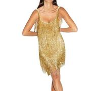 Lerrita Robe de Danse à Franges Femme Paillettes Samba Tango Latin Robe à Glands sans Manches Bretelles Spaghetti Robe Dos Nu 1920 Paillettes Couches Robe Vintage Soirée Club Party Robe de Cocktail