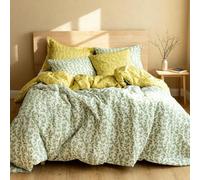 LERUUM Parure De Lit 200x200 Ado Adulte Coton 2 Place Housse De Couette Réversible Sage Vert et Jaune à Motif Floral Feuilles 2 Taies 65x65