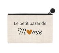 Les Bambetises Pochette Personnalisée Le Petit Bazar de Mamie, Tissu Aspect Lin, 24 x 14 cm, Blanc/Doré/Noir, avec Poignée Amovible, Personnalisée en France