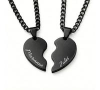 Les Bijoux de Mélanie Colliers Couple Cœur Séparable Personnalisé Prénoms - Pendentif Amitié ou Amour à Graver - Acier Inoxydable 316L - Cadeau Saint Valentin Homme Femme - Fabrication France (Noir)