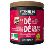 Les Bio Frères - Vitamine D3 à Croquer Végane Naturelle - 400 UI - 200% des AJR - Immunité, Os & Muscles - Cure 4 Mois (120 Comprimés) - Goût Fraise