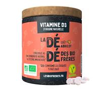 Les Bio Frères - Vitamine D3 à Croquer Végane Naturelle - 400 UI - 200% des AJR - Immunité, Os & Muscles - Cure 4 Mois (120 Comprimés) - Goût Abricot