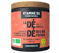 Les Bio Frères - Vitamine D3 à Croquer Végane Naturelle - 400 UI - 200% des AJR - Immunité, Os & Muscles - Cure 4 Mois (120 Comprimés) - Goût Abricot