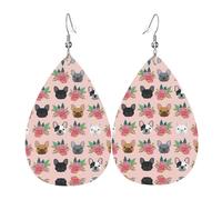 Les boucles d'oreilles en cuir en forme de goutte pour femme en forme de bouledogue français et fleurs sont adaptées pour les fêtes, les fêtes de vacances et les cadeaux., taille unique