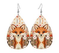 Les boucles d'oreilles Fox in the Bush en cuir imprimé double face en forme de gouttes d'eau, créatives, légères et novatrices, couleurs vives et vives.