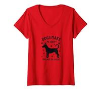 Les Chiens me rendent Heureuse, Pas Tant Que ça ! Amoureux des Animaux de Compagnie T-Shirt avec Col en V, Femme, Rouge, XL