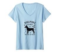 Les Chiens me rendent Heureuse, Pas Tant Que ça ! Amoureux des Animaux de Compagnie T-Shirt avec Col en V, Femme, Bleu Céleste, M