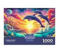 Les Dauphins sautent sur la Rive colorée du Coucher du Soleil Puzzle De 1000 Pièces Dauphin ludique Carton Recyclé, Excellent Cadeau pour Toutes Les Âges 70x50cm/1000pcs