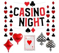 Les décorations de fête de casino comprennent des cartes à jouer, des dés, des piques, des cœurs, des ballons en aluminium, une bannière de poker noire et rouge pour les soirées de jeu sur le thème du