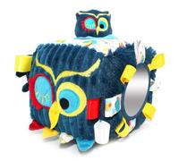 LES DÉGLINGOS - Cube d'activités en Tissu Astros Le Hibou- Jouet d'éveil sonore et Tactile pour bébé - Jouet de développement - Cadeau de Naissance - 12cm - Bleu