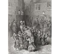 Les enfants dansent et jouent autour d'un moulin d'orgue et de son singe dans Londres du XIXe siècle. Après une illustration de Gustave Dor dans l'édition américaine de Londres de 1890 : un pèlerinage