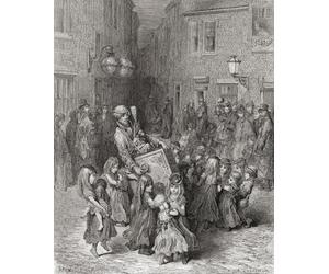 Les enfants dansent et jouent autour d'un moulin d'orgue et de son singe dans Londres du XIXe siècle. Après une illustration de Gustave Dor dans l'édition américaine de Londres de 1890 : un pèlerinage