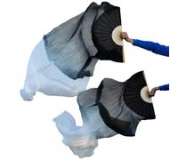 Les fans de danse chinoise, Éventail de danse du ventre voiles soie faits à la main for femmes danseuses noir blanc plusieurs tailles 2 pièces(XL)