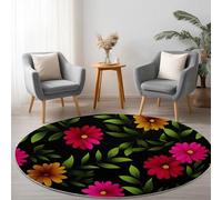Les Fleurs Dessinées À La Main Sont Mignonnes Rond Tapis Imprimé Noir, Lavable en Machine Tapis Rond Dessous antidérapant Doux à Poils Courts Luxe Élégant Moquette pour Salle à Manger Cuisine, 210 cm
