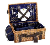 Les Jardins de la Comtesse - Panier Picnic Champs Elysées Bleu en Osier - Sangles en Cuir - Complet 2 Personnes - Glacière/Nappe - Assiettes en Porcelaine et Verres à Vin en Verre - 48 x 34 x 21 cm