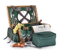 Les Jardins de la Comtesse - Panier Picnic Champs Elysées Vert en Osier - Sangles en Cuir - Complet 2 Personnes - Glacière/Nappe - Assiettes en Porcelaine et Verres à Vin en Verre - 48 x 34 x 21 cm