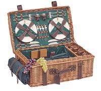 Les Jardins de la Comtesse - Panier Picnic Champs Elysées Vert en Osier - Sangles en Cuir - Complet 4 Personnes - Glacière/Nappe - Assiettes en Porcelaine et Verres à Vin en Verre - 57 x 37 x 23 cm