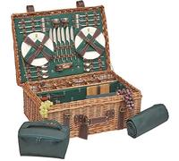 Les Jardins de la Comtesse - Panier Picnic Champs Elysées Vert en Osier - Sangles en Cuir - Complet 6 Pers - Glacière Amovible/Nappe - Assiettes Porcelaine et Verres à Vin en Verre - 62 x 44 x 23 cm