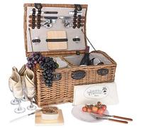 Les Jardins de la Comtesse - Panier Picnic Gisors en Osier Couleur Miel - 4 Personnes/Compartiment Isotherme et Assiettes en Céramique - Verres à Vin en Verre - Tissu Couleur Crème - 48 x 36 x 27 cm