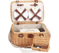 Les Jardins de la Comtesse - Panier Picnic Trocadéro - Complet pour 4 Personnes - Compartiment Amovible - Assiettes en Céramique et Verres à Vin en Verre - Tissu Beige à Pois Blancs - 50 x 33 x 25 cm