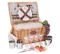 Les Jardins de la Comtesse - Panier Pique-Nique Concorde en Osier - 4 Personnes/Glacière Isotherme/Assiettes/Verres à Vin/Timbales en Aluminium - Tissu Couleur Blanc et Gris - 47 x 31 x 24 cm