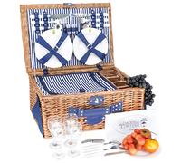 Les Jardins de la Comtesse - Panier Pique-Nique Fontainebleau en Osier - 4 Personnes - Glacière Isotherme/Assiettes Céramiques/Verres à Vin en Verre - Tissu Rayures Verticales Bleues- 50 x 36 x 22 cm