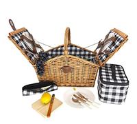 Les Jardins de la Comtesse - Panier Pique Nique Montaigne 4 Personnes en Osier Naturel - Carreaux Noirs et Blancs - 48 x 33 x 43 cm