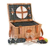 Les Jardins de la Comtesse - Panier Pique-Nique Trianon Vert en Osier - Sangles en Cuir - Complet/4 Pers - Glacière Isotherme - Assiettes Céramique/Verres à Vin en Verre - 45 x 31 x 24 cm