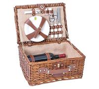 Les Jardins de la Comtesse - Petit Panier Pique-Nique Saint Michel en Osier - Complet pour 2 Personnes - Assiettes en Porcelaine et Verres à Vin en Verre - Tissu Couleur Beige - 38 x 28 x 18 cm