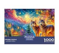 Les Loups se tiennent près du lac, Ciel de feu en arrière-Plan Puzzle De 1000 Pièces Loup Cool Idéal pour Hommes, Femmes, Enfants Et Personnes Âgées 38x26cm/1000pcs