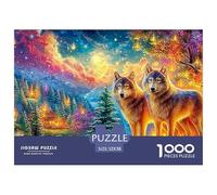 Les Loups se tiennent près du lac, Ciel de feu en arrière-Plan Puzzle De 1000 Pièces Loup Cool Jeu Classique pour Enfants Et Adultes, Recyclé 52x38cm/1000pcs