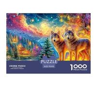 Les Loups se tiennent près du lac, Ciel de feu en arrière-Plan Puzzle De 1000 Pièces Loup Cool Parfait pour Hommes, Femmes, Personnes Âgées Et Seniors 70x50cm/1000pcs