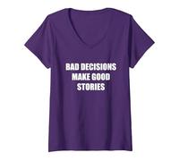 Les Mauvaises décisions Font de Bonnes Histoires T-Shirt avec Col en V, Femme, Violet, M