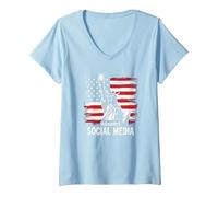 Les médias Sociaux de Old Glory's T-Shirt avec Col en V, Femme, Bleu Céleste, XXL