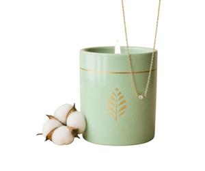 Les Merveilleuses Bougie-Bijou Verte Parfum Coton | Collier Solitaire Cristal Premium & Plaqué Or 18 Carats | Bougie Parfumée Prête à Offrir | Cadeau Femme Élégant | Fabrication Française | 470g