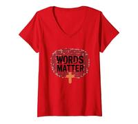 Les Mots comptent : Lutte Contre Le harcèlement, empathie, Amour, Respect, gentillesse T-Shirt avec Col en V, Femme, Rouge, L