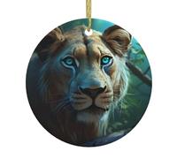 Les pendentifs ronds de Noël en céramique MJHKXLJ Lionne avec yeux bleus verts imprimés sont lisses et délicats pour la décoration de vacances, de fête, de danse et de vitrine