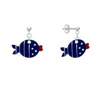 LES POULETTES BIJOUX - Boucles d'Oreilles Argent 925 Petit Poisson à Pois et Lignes Emaillées - Bleu Navy