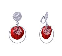 LES POULETTES BIJOUX - Boucles d'Oreilles Clip Métal Argenté Cercle et Pastille de Nacre - Rouge