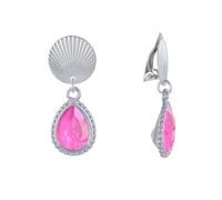 LES POULETTES BIJOUX - Boucles d'Oreilles Clips Laiton Argenté Pastille Striée et Goutte Cristal - Rose Fluo