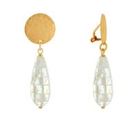 LES POULETTES BIJOUX - Boucles d'Oreilles Clips Laiton Doré Pastille Brossée et Goutte de Nacre Facettée - Blanc