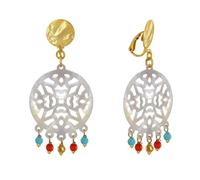 LES POULETTES BIJOUX - Boucles d'Oreilles Clips Métal Doré Disque de Nacre Ajouré et Perles Facettées