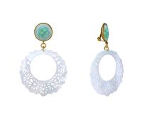 LES POULETTES BIJOUX - Boucles d'Oreilles Clips Métal Doré Rond Craquelé et Disque de Nacre Dentelé Ajouré - Vert d'Eau